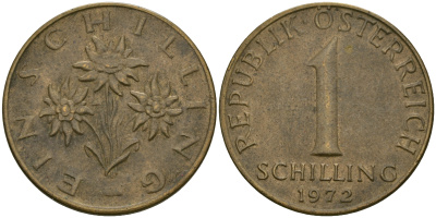 Австрия 1 шиллинг 1972 KM 2886 алюминиевая бронза 25-1117