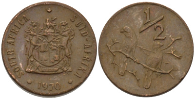 ЮАР 1/2 цента 1970 два капских воробья на ветке KM 81 бронза 66-314