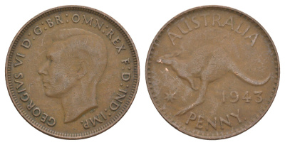 Австралия 1 пенни 1943 . , Георг VI (1936-1952), кенгуру KM 36 бронза 88-1114