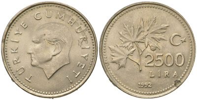 Турция 25000 лир 1992 KM 1015 никель бронза UNC 4620-614