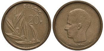 БЕЛЬГИЯ 20 ФРАНКОВ 1980 BELGIE, БОДУЭН I (1951-1993) KM 160 никель бронза VG 4182-632