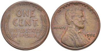 США 1 ЦЕНТ 1958 D, ЛИНКОЛЬН KM А132 медь цинк 218-731
