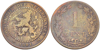 НИДЕРЛАНДЫ 1 ЦЕНТ 1901 ВИЛЬГЕЛЬМИНА (1890-1948), 15 ГЕРБОВ KM 130 бронза 218-858