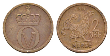 Норвегия 2 эре 1961 Улаф V (1957-1991) KM 410 бронза 4635-336