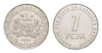 Центральная Африка (BEAC) 1 франк 2006 KM 16 нержавеющая сталь UNC 4644-335