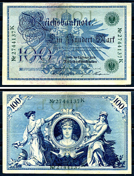 Германия 100 марок 1908 7 февраля 1908, выпуск конец 1916 - ноябрь 1918, зеленая печать Pick 34 бумага 8619-32-1-1