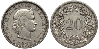 ШВЕЙЦАРИЯ 20 РАППЕНОВ 1887 KM 29 медно-никель 441-1234