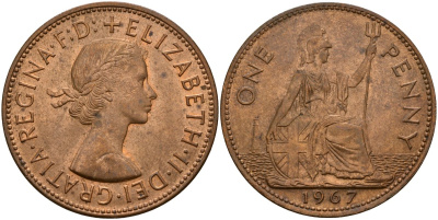 Великобритания 1 пенни 1967 Елизавета II (1952-2022) KM 897, Spink 4157 бронза UNC 4149-1145