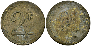 Франция 2 франка XIX-XX век ресторанный жетон латунь 4166-954