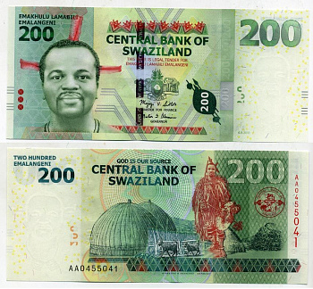 Свазиленд 200 емалангени 2010 король Мсвати III, соломенные хижины Свази	Pick 39 a бумага UNC (пресс) 448-133-3