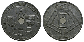 БЕЛЬГИЯ 25 САНТИМОВ 1944 BELGIE-BELGIQUE, ГЕРМАНСКАЯ ОККУПАЦИЯ, ВТОРАЯ МИРОВАЯ ВОЙНА KM 132 цинк 4384-111
