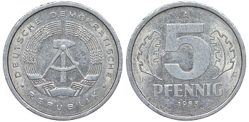 ГДР 5 ПФЕННИГОВ 1983 A КМ 9.2 алюминий 62-455