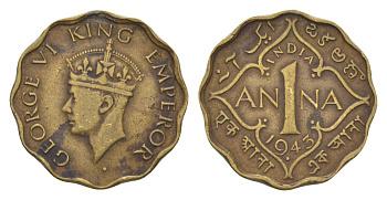 Индия 1 анна 1943 Отметка монетного двора - . (точка) - Бомбей KM 537a никель латунь 4625-767