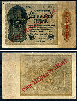 Германия 1000000000 марок 1923 красная диагональная, двухсторонняя надпечатка на 1000 марок 1922, бумага белая, водяной знак 1001 Pick 113 a (4) бумага 8589-6-2-1