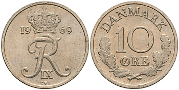 Дания 10 эре 1969 C,S, Фредерик IX (1947-1972) KM 849.1 медно-никель UNC 08-1447