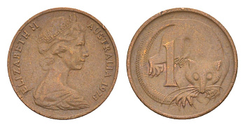 Австралия 1 цент 1973 Елизавета II (1952-2022), молодой портрет, опоссум KM 62 бронза 4585-346