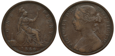 Великобритания 1 пенни 1866 Виктория (1837-1901) KM 749.2, Spink 3954 бронза 1524-531