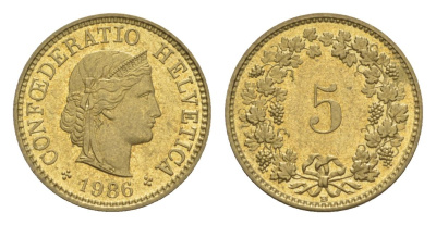 Швейцария 5 раппенов 1986 KM 26c алюминиевая бронза UNC 4632-458