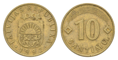 Латвия 10 сантимов 1992 KM 17 никель латунь 105-753
