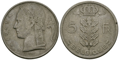 Бельгия 5 франков 1949 Леопольд III (1934-1950), Belgique KM 134.1 медно-никель 4172-542
