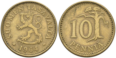 ФИНЛЯНДИЯ 10 ПЕННИ 1964 S KM 46 алюминиевая бронза 192-257