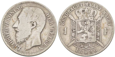 БЕЛЬГИЯ 1 ФРАНК 1886 ЛЕОПОЛЬД II (1865-1909), BELGEN, РАЗНОВИДНОСТЬ С ТОЧКОЙ В ПОДПИСИ KM 29.1 серебро 4514-626