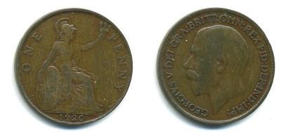 Великобритания 1 пенни 1920 Георг V (1910-1936) KM 810, Spink 4051 бронза 37-1227