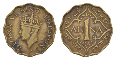 Индия 1 анна 1943 Отметка монетного двора - . (точка) - Бомбей KM 537a никель латунь 4625-767