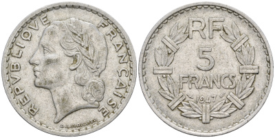 Франция 5 франков 1947 open 9 KM 888b.1 алюминий 221-415