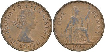 Великобритания 1 пенни 1964 Елизавета II (1952-2022) KM 897, Spink 4157 бронза 4557-1016