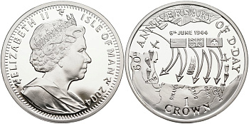 Остров Мэн 1 крона 2004 60 лет D-DAY, карта наступления союзников KM 1222a серебро PROOF 02-109-45