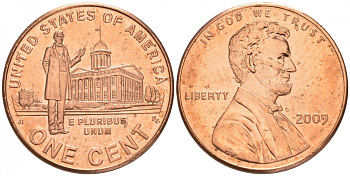 США 1 ЦЕНТ 2009 P, СЕРИЯ 200 ЛЕТ СО ДНЯ РОЖДЕНИЯ АВРААМА ЛИНКОЛЬНА - КАРЬЕРА ЮРИСТА В ИЛЛИНОЙСЕ, КАПИТОЛИЙ KM 443, Schn # 441 цинк плакированный медью UNC M32-5
