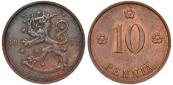 Финляндия 10 пенни 1938 KM 24 медь 51-3027