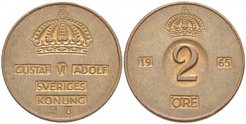 Швеция 2 эре 1965 U, Густав VI Адольф (1950-1973) КМ 821 бронза 77-516