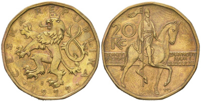 Чехия 20 крон 1999 b’, чешский лев, герцог Вацлав на коне KM 5 сталь плакированная латунью aUNC 4591-112