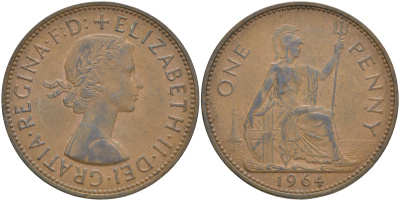 Великобритания 1 пенни 1964 Елизавета II (1952-2022) KM 897, Spink 4157 бронза 4557-1016