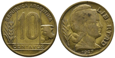 Аргентина 10 сентаво 1947 голова Свободы вправо KM 41 алюминиевая бронза 4528-243
