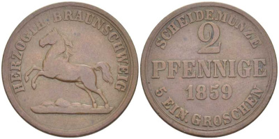 БРАУНШВЕЙГ-ВОЛЬФЕНБЮТТЕЛЬ 2 ПФЕННИГА 1859 ВИЛЬГЕЛЬМ (1831-1884) KM 1155 медь 210-211