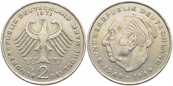 ФРГ 2 марки 1971 J, Теодор Хойс KM 127, J. 407 медно-никель плакированный никелем 3856-327