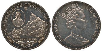 ОСТРОВ МЭН 1 КРОНА 1989 200 ЛЕТ МЯТЕЖУ НА ПАРУСНИКЕ БАУНТИ, ОСТРОВ ПИТКЕРН, СКАЛЫ И ПАРУСНИК KM 243 медно-никель UNC 1078-2-61