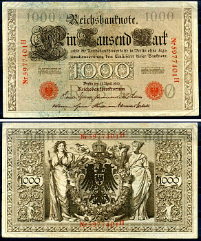 Германия 1000 марок 1910 21 апреля 1910, красная печать, номер семизначный, серия H, буква O, выпуск АПРЕЛЬ - ИЮЛЬ 1918 Pick 44 b бумага 2194-34-1-1