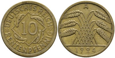 ГЕРМАНИЯ 10 РЕНТЕНПФЕННИГОВ 1924 А KM 33, J. 309, Weege 8 алюминиевая бронза 51-534