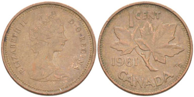 Канада 1 цент 1981 Елизавета II (1952-2022), кленовый лист KM 127 бронза 75-1633