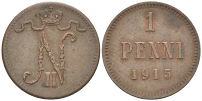 РОССИЯ ДЛЯ ФИНЛЯНДИИ 1 ПЕННИ 1915 НИКОЛАЙ II KM 13, Биткин 475 медь 4396-1453
