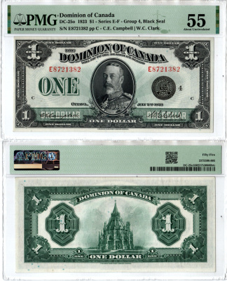 Канада 1 доллар 1923 в слабе компаии - PMG. Грейд 55 - About Uncirculated, Георг V. Библиотека парламента, Оттава Pick 33, DC - 25 o бумага aUNC 452-1-187