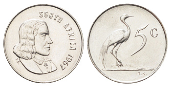 ЮАР 5 центов 1967 Ян ван Рибек (1619-1677), South Africa, легенда на англинском, райский журавль KM 67.1 медно-никель UNC 4696-948