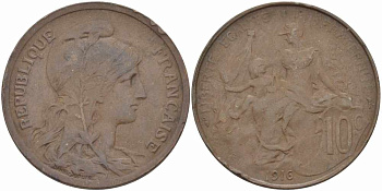 ФРАНЦИЯ 10 САНТИМОВ 1916 ТИП ДАНИЭЛЬ ДЮПЮИ KM 843, LA FRANC 136.27 бронза 109-412