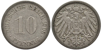 Германия 10 пфеннигов 1903 D KM 12, Jager 13, Weege 8 медно-никель 219-355