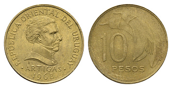 Уругвай 10 песо 1968 год-тип KM 51 никель латунь aUNC 4663-715
