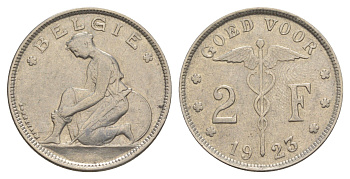 Бельгия 2 франка 1923 Belgie, Альберт I (1909-1934) KM 92 никель 4637-427